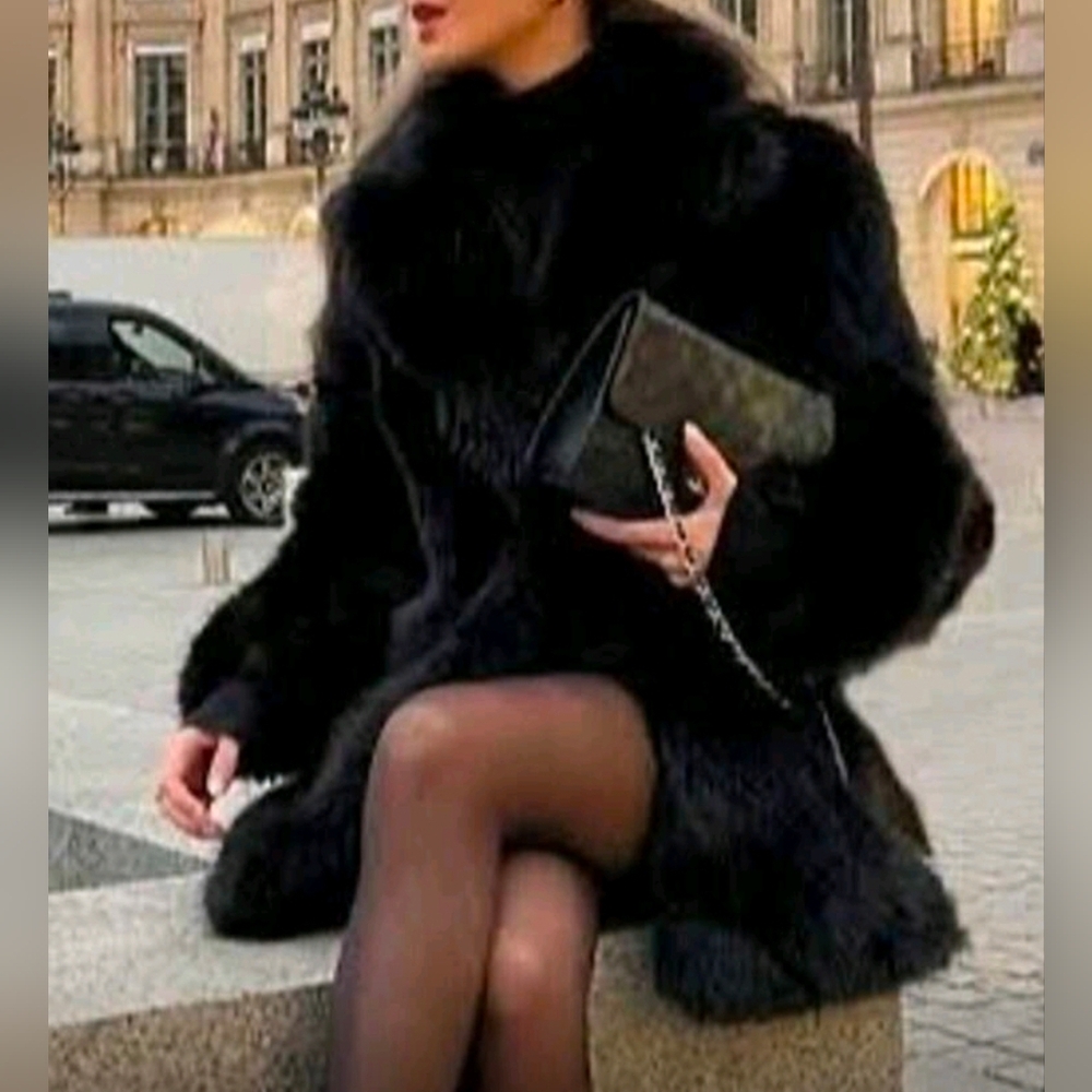 New Glam Faux Fur Jacket Coat Mid Length Short Black